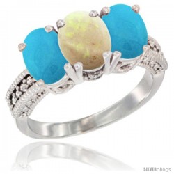 14K White Gold Natural Opal & Turquoise Sides Ring 3-Stone 7x5 mm Oval Diamond Accent