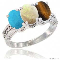 14K White Gold Natural Turquoise, Opal & Tiger Eye Ring 3-Stone 7x5 mm Oval Diamond Accent