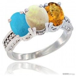 14K White Gold Natural Turquoise, Opal & Whisky Quartz Ring 3-Stone 7x5 mm Oval Diamond Accent