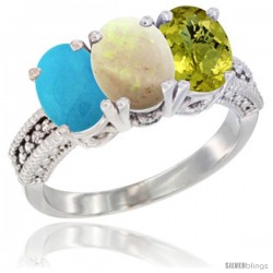 14K White Gold Natural Turquoise, Opal & Lemon Quartz Ring 3-Stone 7x5 mm Oval Diamond Accent