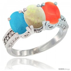 14K White Gold Natural Turquoise, Opal & Coral Ring 3-Stone 7x5 mm Oval Diamond Accent