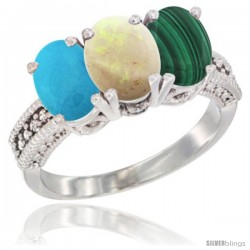 14K White Gold Natural Turquoise, Opal & Malachite Ring 3-Stone 7x5 mm Oval Diamond Accent