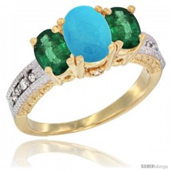 14k Yellow Gold Ladies Oval Natural Turquoise 3-Stone Ring with Emerald Sides Diamond Accent