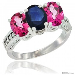 14K White Gold Natural Blue Sapphire & Pink Topaz Ring 3-Stone 7x5 mm Oval Diamond Accent