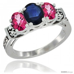 14K White Gold Natural Blue Sapphire & Pink Topaz Ring 3-Stone Oval with Diamond Accent