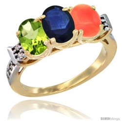 10K Yellow Gold Natural Peridot, Blue Sapphire & Coral Ring 3-Stone Oval 7x5 mm Diamond Accent