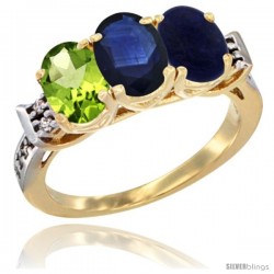 10K Yellow Gold Natural Peridot, Blue Sapphire & Lapis Ring 3-Stone Oval 7x5 mm Diamond Accent