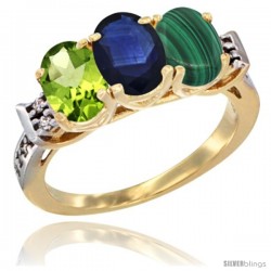 10K Yellow Gold Natural Peridot, Blue Sapphire & Malachite Ring 3-Stone Oval 7x5 mm Diamond Accent