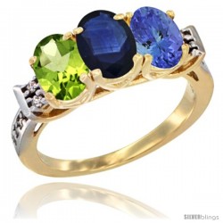 10K Yellow Gold Natural Peridot, Blue Sapphire & Tanzanite Ring 3-Stone Oval 7x5 mm Diamond Accent