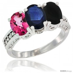 14K White Gold Natural Pink Topaz, Blue Sapphire & Black Onyx Ring 3-Stone 7x5 mm Oval Diamond Accent