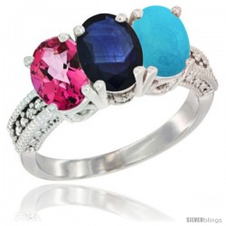 14K White Gold Natural Pink Topaz, Blue Sapphire & Turquoise Ring 3-Stone 7x5 mm Oval Diamond Accent