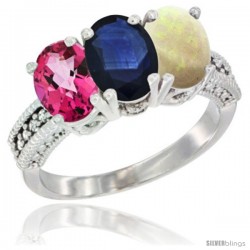 14K White Gold Natural Pink Topaz, Blue Sapphire & Opal Ring 3-Stone 7x5 mm Oval Diamond Accent