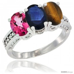 14K White Gold Natural Pink Topaz, Blue Sapphire & Tiger Eye Ring 3-Stone 7x5 mm Oval Diamond Accent