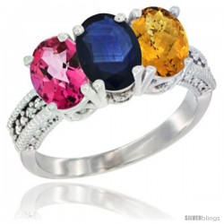 14K White Gold Natural Pink Topaz, Blue Sapphire & Whisky Quartz Ring 3-Stone 7x5 mm Oval Diamond Accent