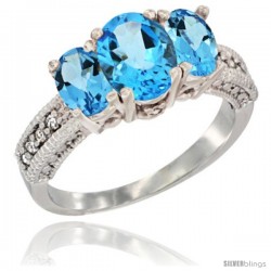 10K White Gold Ladies Oval Natural Swiss Blue Topaz 3-Stone Ring Diamond Accent