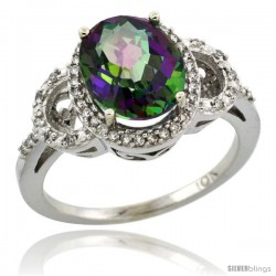 10k White Gold Diamond Halo Mystic Topaz Ring 2.4 ct Oval Stone 10x8 mm, 1/2 in wide