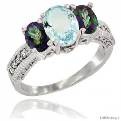 10K White Gold Ladies Oval Natural Aquamarine 3-Stone Ring with Mystic Topaz Sides Diamond Accent