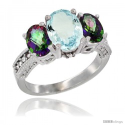 10K White Gold Ladies Natural Aquamarine Oval 3 Stone Ring with Mystic Topaz Sides Diamond Accent