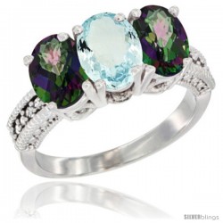 10K White Gold Natural Aquamarine & Mystic Topaz Sides Ring 3-Stone Oval 7x5 mm Diamond Accent