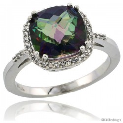 10k White Gold Diamond Mystic Topaz Ring 3.05 ct Cushion Cut 9x9 mm, 1/2 in wide