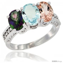 10K White Gold Natural Mystic Topaz, Aquamarine & Morganite Ring 3-Stone Oval 7x5 mm Diamond Accent