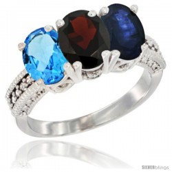 10K White Gold Natural Swiss Blue Topaz, Garnet & Blue Sapphire Ring 3-Stone Oval 7x5 mm Diamond Accent