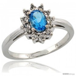 10k White Gold Swiss Blue Topaz Diamond Halo Ring Oval Shape 1.2 Carat 6X4 mm, 1/2 in wide