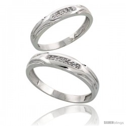 Sterling Silver Diamond 2 Piece Wedding Ring Set His 4.5mm & Hers 3.5mm Rhodium finish