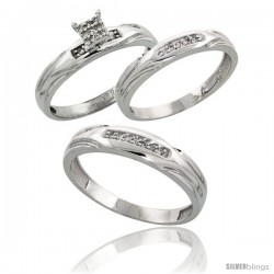 Sterling Silver Diamond Trio Wedding Ring Set His 4.5mm & Hers 3.5mm Rhodium finish