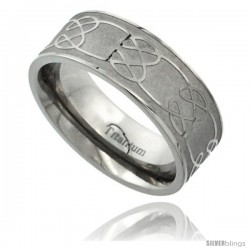 Titanium 8mm Flat Wedding Band Ring Celtic Knot Pattern Matte Finish Background Comfort-fit