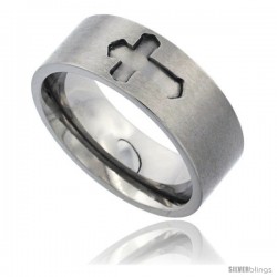 Titanium 8mm Flat Wedding Band Ring Carved Passion Cross Matte Finish Comfort-fit