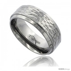 Titanium 8mm Flat Wedding Band Ring Polish Hammered Finish beveled Edges Comfort-fit