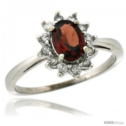 14k White Gold Diamond Halo Garnet Ring 0.85 ct Oval Stone 7x5 mm, 1/2 in wide