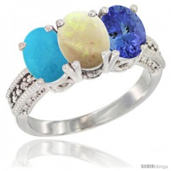 14K White Gold Natural Turquoise, Opal & Tanzanite Ring 3-Stone 7x5 mm Oval Diamond Accent