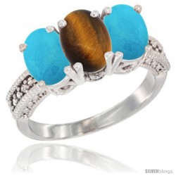 14K White Gold Natural Tiger Eye & Turquoise Sides Ring 3-Stone 7x5 mm Oval Diamond Accent