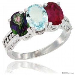 10K White Gold Natural Mystic Topaz, Aquamarine & Ruby Ring 3-Stone Oval 7x5 mm Diamond Accent