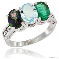 10K White Gold Natural Mystic Topaz, Aquamarine & Emerald Ring 3-Stone Oval 7x5 mm Diamond Accent