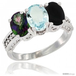 10K White Gold Natural Mystic Topaz, Aquamarine & Black Onyx Ring 3-Stone Oval 7x5 mm Diamond Accent