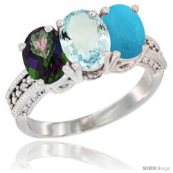 10K White Gold Natural Mystic Topaz, Aquamarine & Turquoise Ring 3-Stone Oval 7x5 mm Diamond Accent