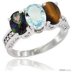 10K White Gold Natural Mystic Topaz, Aquamarine & Tiger Eye Ring 3-Stone Oval 7x5 mm Diamond Accent