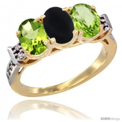 10K Yellow Gold Natural Black Onyx & Peridot Sides Ring 3-Stone Oval 7x5 mm Diamond Accent