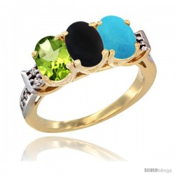 10K Yellow Gold Natural Peridot, Black Onyx & Turquoise Ring 3-Stone Oval 7x5 mm Diamond Accent