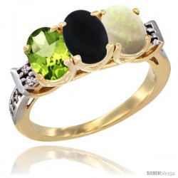 10K Yellow Gold Natural Peridot, Black Onyx & Opal Ring 3-Stone Oval 7x5 mm Diamond Accent