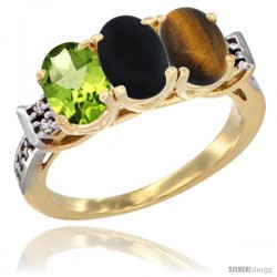 10K Yellow Gold Natural Peridot, Black Onyx & Tiger Eye Ring 3-Stone Oval 7x5 mm Diamond Accent