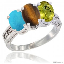 14K White Gold Natural Turquoise, Tiger Eye & Lemon Quartz Ring 3-Stone 7x5 mm Oval Diamond Accent