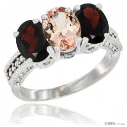 14K White Gold Natural Morganite & Garnet Sides Ring 3-Stone 7x5 mm Oval Diamond Accent