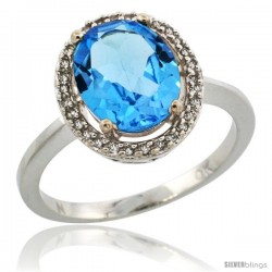 10k White Gold Diamond Halo Blue Topaz Ring 2.4 carat Oval shape 10X8 mm, 1/2 in (12.5mm) wide