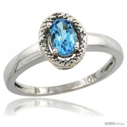 10k White Gold Diamond Halo Blue Topaz Ring 0.75 Carat Oval Shape 6X4 mm, 3/8 in (9mm) wide