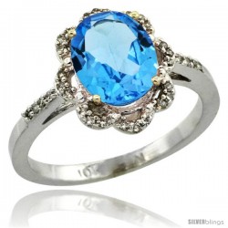 10k White Gold Diamond Halo Blue Topaz Ring 1.65 Carat Oval Shape 9X7 mm, 7/16 in (11mm) wide