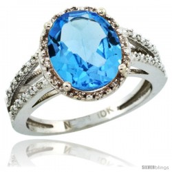 10k White Gold Diamond Halo Blue Topaz Ring 2.85 Carat Oval Shape 11X9 mm, 7/16 in (11mm) wide